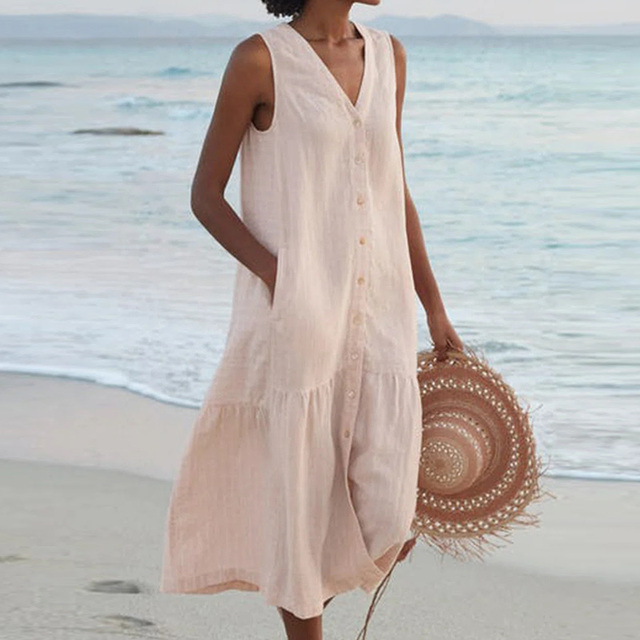 Maria | Elegáns, gombos, V-nyakú nyári ruha