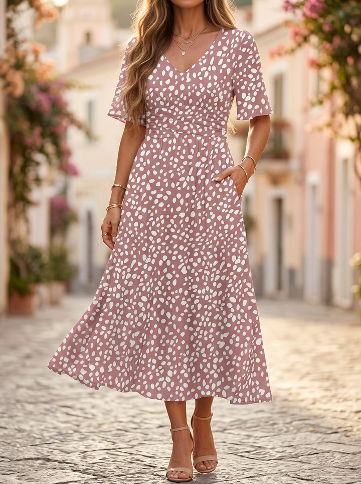 COLETTE | ELEGANT TUMMY-FLATTERING POLKA DOT MIDI DRESS